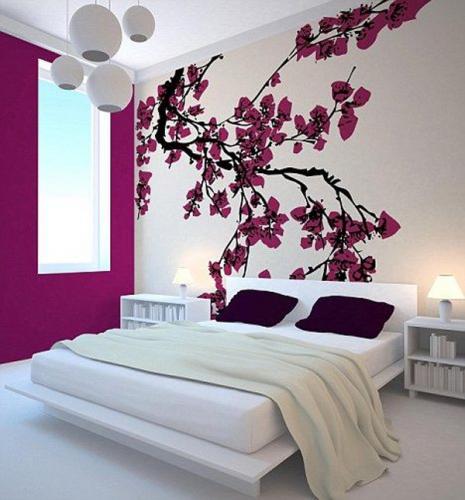 modern-Japanese-bedroom-with-cherry-blossom-wall-decor